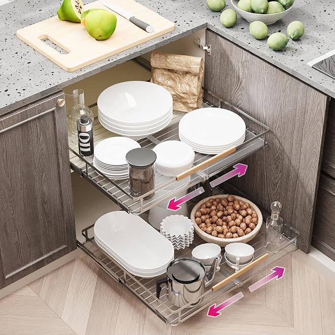 Pull Out Cabinet Organizer, Expandable(14.9"~25.9") Cabinet Drawers Slide Out, Adjustable Width Roll 0ut Shelf Cabinet Organizer for Kitchen Base Cabinet Organization (Large, 1Pack)