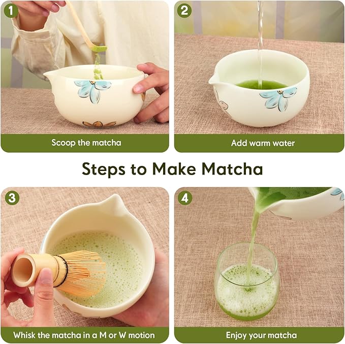 Matcha Whisk Set – Ceramic Matcha Set with Matcha Bowl, Matcha Whisk & Holder, Bamboo Scoop, Tea Towel – 5-Piece Japanese Matcha Kit for Matcha Lovers, Beginners & Gifting (Multicolor, 17oz)