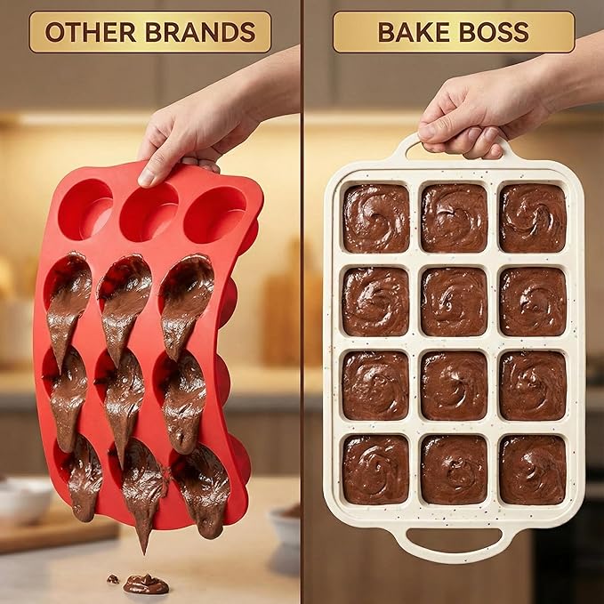 BAKE BOSS Silicone Brownie Pans with Dividers - 2 PACK - CREAM