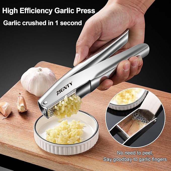 Garlic Press Stainless Steel，Premium Garlic Mincer Tool，No Need to Peel Garlic Ginger Crusher & Masher Easy Squeeze Large Trough Ergonomic Handle，Rust Proof，Dishwasher Safe (5 Years Warranty)