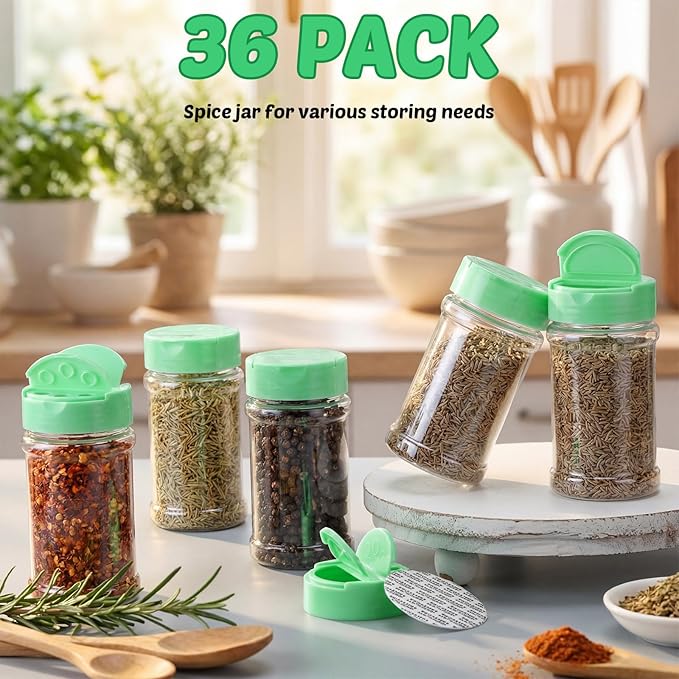 Jadive 36 Pcs 5.5 oz Plastic Spice Jars with Shaker Lids Clear Spice Bottles Plastic Seasoning Containers Empty Shaker for Kitchen Storing Herbs Seasoning Powders Pepper (Green)