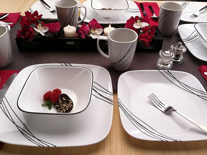 Corelle Dinnerware Set (12pc, Simple Sketch)-Dinner for 4 Includes x: Dinner Plates, Side & Bowls 3 X More Durable, Half The Space Weight of Ceramic up to 80% Recycled Glass, 1146920