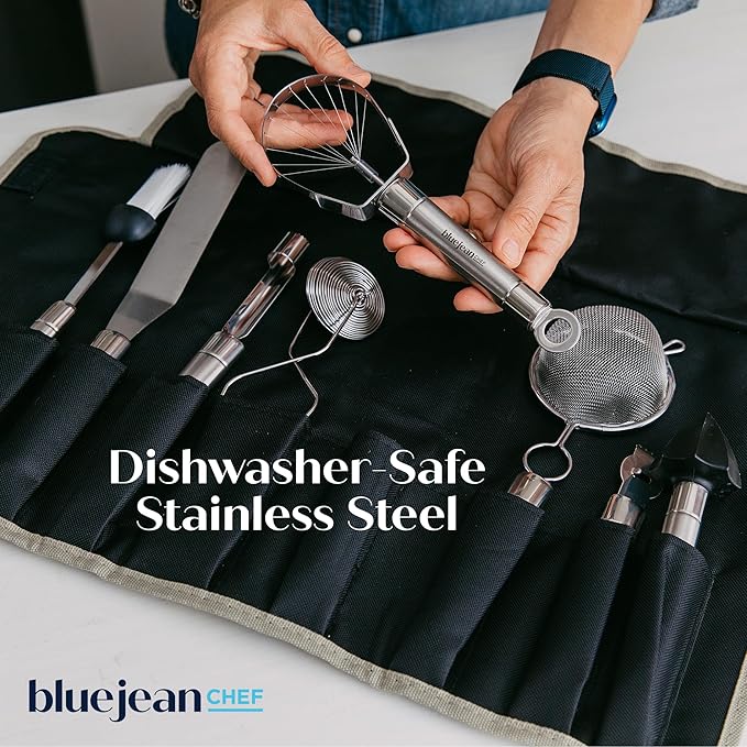 The Blue Jean Chef 8-Piece Kitchen Tool and Gadget Set, Stainless-Steel Kitchen Tools with Storage Pouch, Dishwasher Safe