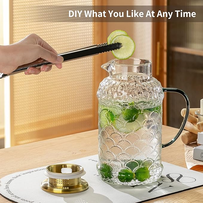Buaic 2 PACK Glass Pitcher with Lid,68 oz/2 Liter Fish Scale Design Water Pitcher,Clear Borosilicate Glass Water Carafe for Cold Brew, Coffee, Lemonade, Iced Tea,Heat Resistant Water Glass Jug
