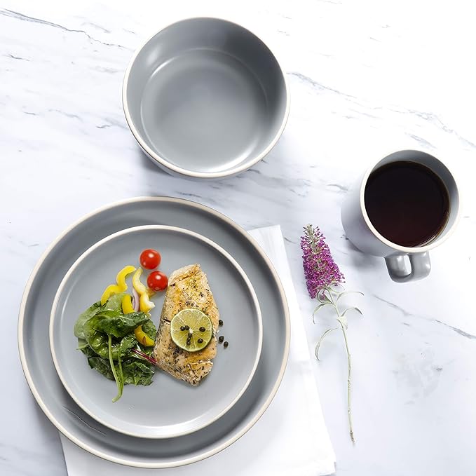 Gibson Home Zuma 16 Piece Round Kitchen Dinnerware Set, Dishes, Plates, Bowls, Mugs, Service for 4, Matte Stoneware, Grey, Gray
