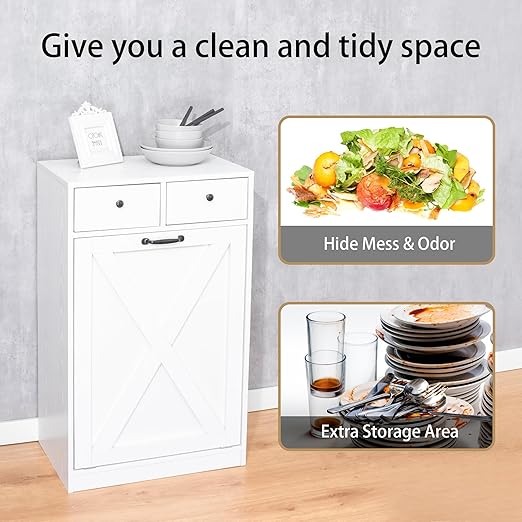 13 Gallon Tilt Out Trash Cabinet with 2 Drawers Wood Hidden Kitchen Recycling Cabinet Free Standing Pet Proof Trash Can Laundry Cabinet for Kitchen (White)