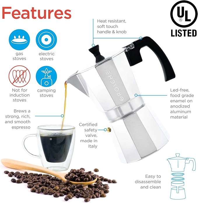 GROSCHE Milano Moka Pot | 9 Espresso Cup - 15.2 oz | Stovetop Espresso Percolator & Coffee Maker – Portable, Ideal for Home and Camping