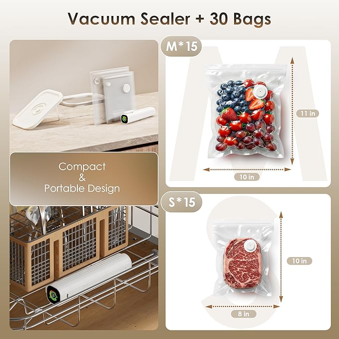 Compact Vacuum Sealer for Food (Vacuum Sealer Machine + 30 Reusable Vacuum Bags) Powerful Handheld Vacuum Sealer Machine, Featuring LED Pressure Display, Portable Food Sealer