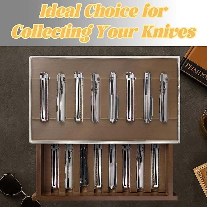 Knife Display Case,2 Tier Wooden Pocket Knife Collection Case with Acrylic Lid, Pocket Knife Storage Drawer Organizer, Walnut
