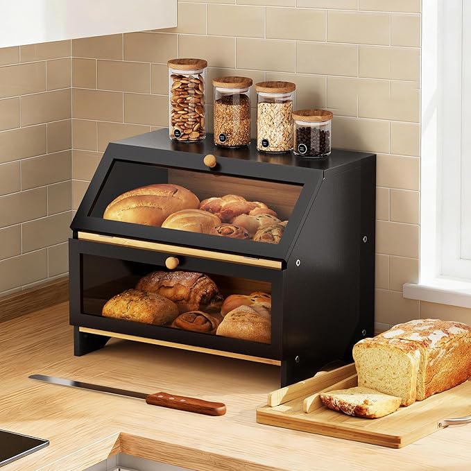 MAISONPEX Double Layer Bamboo Bread Box for Kitchen Countertop, Large Capacity, Cutting Board, Stainless Steel Bread Knife, Double Layer Storage Container with Clear Windows, Black