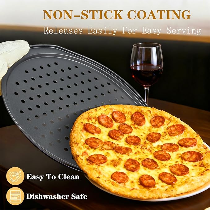 Bestdin 5Pcs Pizza Pan Set - 12 inch Pizza Pan with Holes, Non-stick, Pizza Oven Accessories with 2 Carbon Steel Round Pans, Pizza Cutter and 2 Gloves, Dishwasher Safe