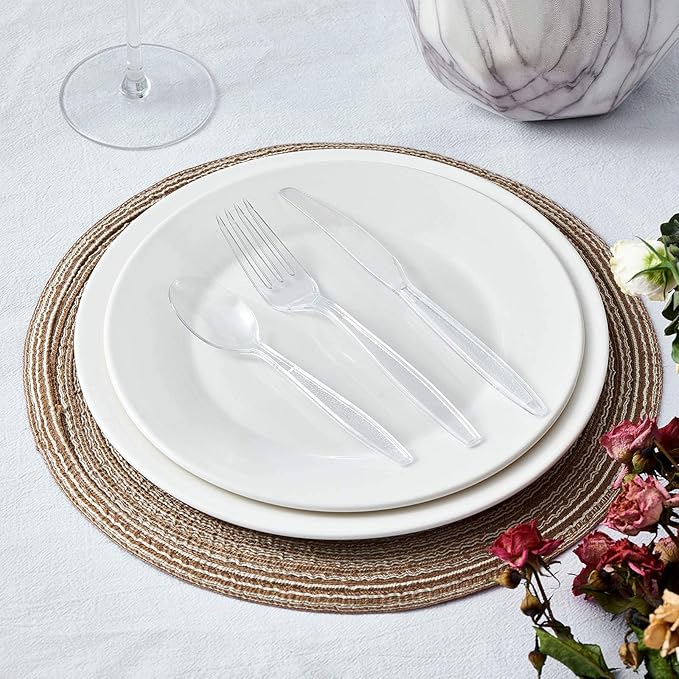 Cutlery Set Plastic Utensils Clear Forks Spoons Knives Disposable Silverware Heavyweight [300 Combo Box] (Formerly FULING)