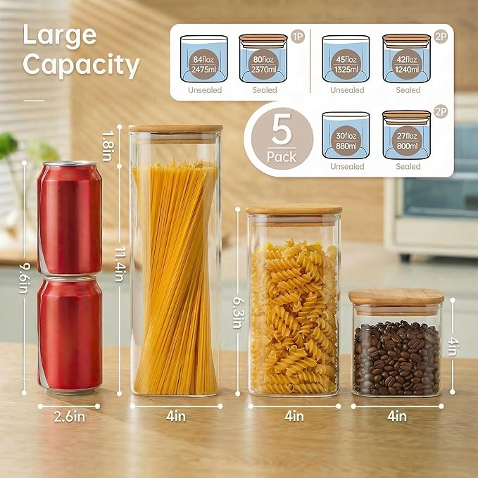Multi Size - 5 Pack Square Glass Jars with Bamboo Lids, Glass Food Storage Containers with Airtight Lids for Kitchen, Air Tight Pantry Storage Containers for Cereal, Pasta, Rice, Sugar, Coffee, Spice