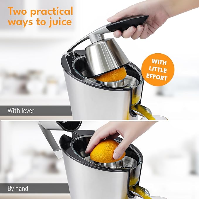 LEBENLANG Stainless Steel Electric Orange Juicer 600W I Incl. Stainless Steel Cone & BPA-Free | Electric Juicer Citrus Press Fruit Press I High Juice Yield for Oranges & Lemons
