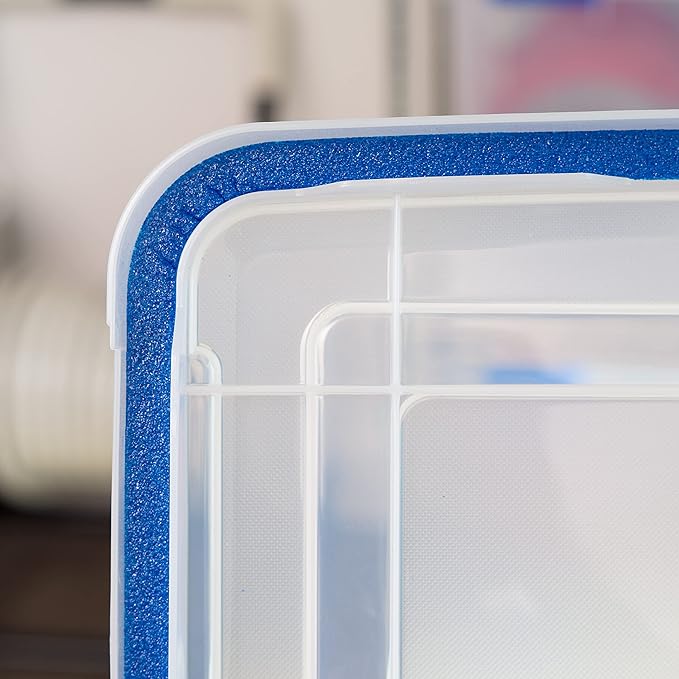 IRIS USA WeatherPro 74 Qt Storage Bins with Lids, 3 Pack, BPA-Free Plastic Gasket Box with Tight Latch and Seal, Stackable Nestable Tote Tub - Clear/Blue