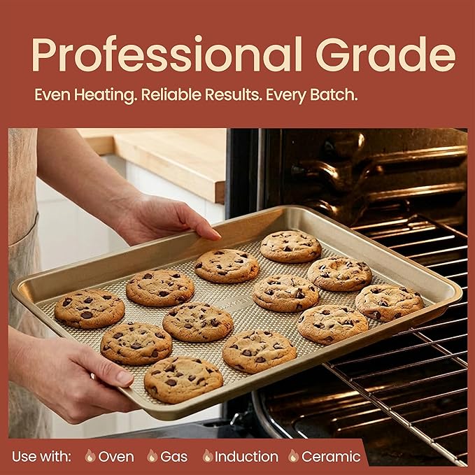 BAKKEN Kitchen Baking Pans - Nonstick White Coating, 13.58’’ × 9.65’’ Commercial Grade Carbon Steel Cookie Sheet, Diamond Texture Bottom, PFOA, PFOS, PTFE Free, Oven Safe Tray (450°F), White Marble