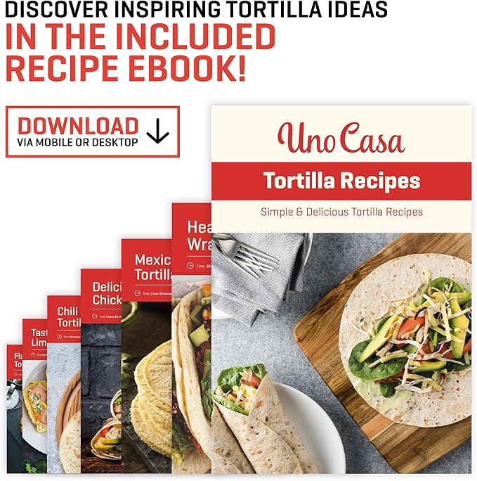 Uno Casa Cast Iron Tortilla Press 8 Inch with Tortilla Warmer - Bundle of Pre-seasoned Quesadilla, Roti and Pataconera Maker With Taco Shell Warmer including 100 Pcs Parchment Paper