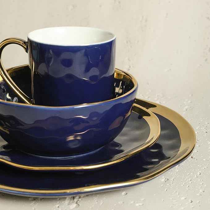 Stone Lain Florian Modern Porcelain Dish Set, 32-Piece Dishes for 8, Gold and Blue