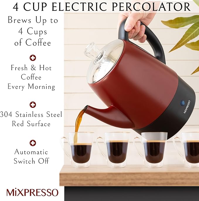 Mixpresso Red Small Electric Percolator Coffee Pot 4 Cup Stainless Steel - Coffee Percolator Electric with Keep Warm Function - Auto Shut-Off for Safe Daily Brewing