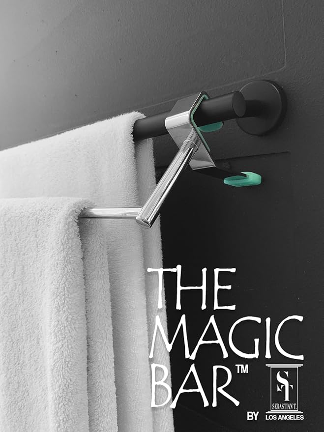 Bathroom Towel Rack Extender, The Magic Bar, Doubles Your Towel Space Fits Almost Any Towel Bar or Shower Walls, No Tools Required, Expands from 14.5 to 25.5 Inches, Chrome