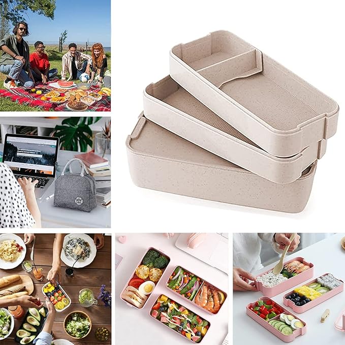 Rarapop 3 Pack Stackable Bento Box Adult Japanese Lunch Box Kit with Spoon & Fork, 3-In-1 Compartment Wheat Straw Meal Prep Containers (Green/Pink/Beige)