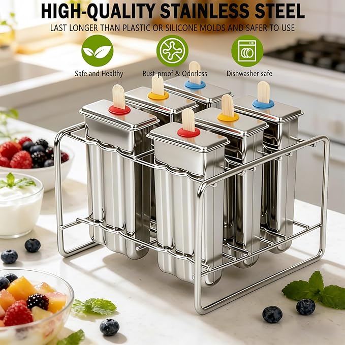 Popsicle Molds Set 6 Pieces Stainless Steel Ice Popsicle Maker, Homemade Popsicle Molds with 50 Sticks, 20 Bags, 14 Silicone Seals, 1 Cleaning Brush & 1 Stand, DIY Ice Pop Mold Maker for Kids (Square)