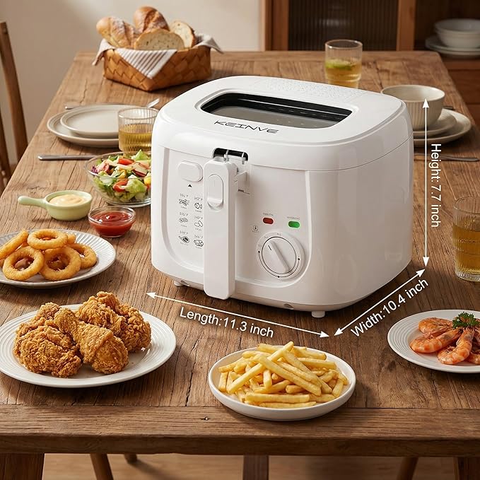 KEINVE 1500W Electric Deep Fryer with 3 Temperature Settings, 2.5L Oil Fryer with Non-Stick Basket & Viewing Window, Folding Handle and Locking Cover for Easy Storage, White