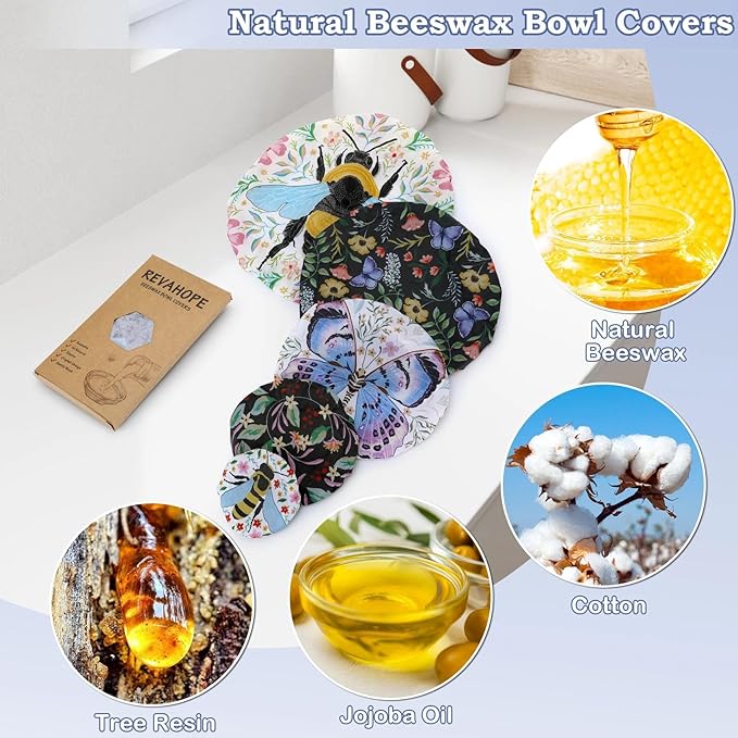 5-Size Reusable Beeswax Bowl Covers for Bread Proofing, Cotton Cloth Flexible Beeswax Wraps for Food Storage(Honeybee)