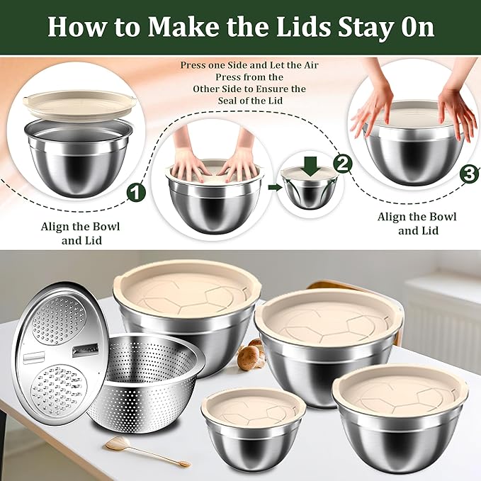 Mixing Bowls with Lids Set, 16PCS Stainless Steel Mixing Bowls,Nesting Storage Bowls for Kitchen with Mixing Bowls Set, Colander, Strainer & Grater , Metal Salad Bowl for Kitchen Gadgets , Cream