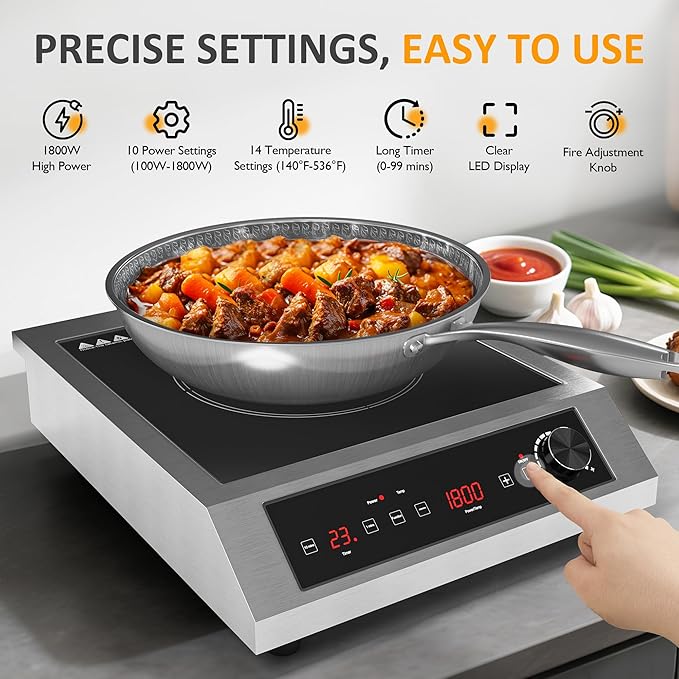 Sunvivi 1800W Induction Cooktop, Commercial-Grade Electric Countertop Burner with Timer, Induction Hot Plate with LED Screen, 10 Power(300W-1800W), 10 Temp Setting(140°F-536°F), Black