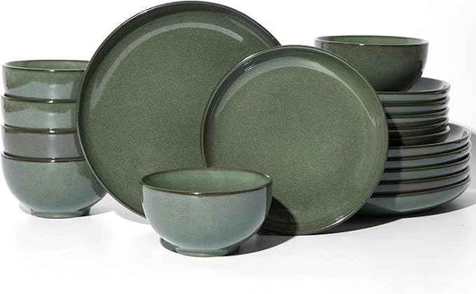 Stoneware Dinnerware Sets for 6, 18 Piece Microwave Safe Plate and Bowl Set, Easy to Clean & Durable Dishes Sets for Small to Medium Families, Forest Green