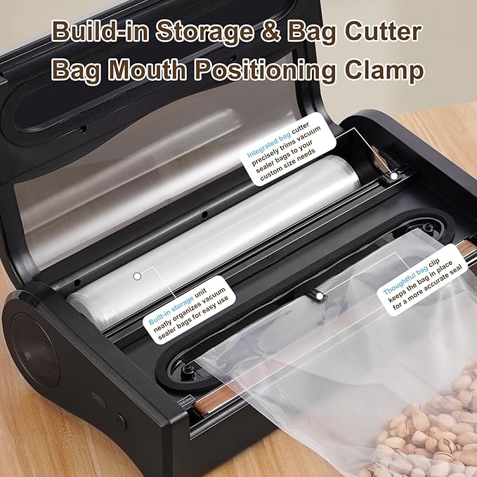 Food Vacuum Sealer Machine, Automatic Commercial Vacuum Sealer for Food With Bags, Double Heat Seal, 75kpa Strong Suction, Dry & Moist Mode and External VAC, Build-in Cutter & Storage