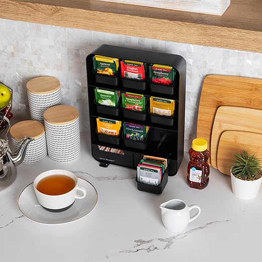 Mind Reader Tea Bag Organizer, Tea Station Organizer, Countertop Storage, Kitchen, Plastic, 10.25"L x 3.25"W x 13.75"H, Black