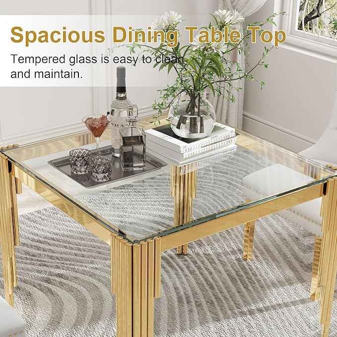AF ARTISAN FURNITURE 37'' Square Glass Dining Table Set for 4, Kitchen Table Chairs Set of 4, Clear Gold Glass Dining Tables with Stainless Steel Legs, 4 Grey PU Dining Chairs, Living Room, Kitchen
