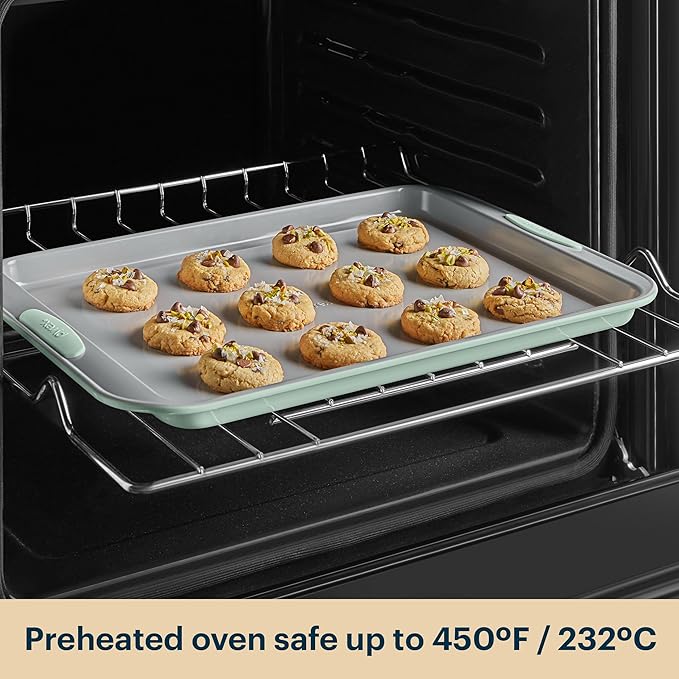 Pyrex (8-Piece) Metal Bakeware Set, Lightweight Stainless Steel Baking Trays with Heatsafe Silicone Handles, Cookie & Muffin Sheets, Round/Square Baking Pans, Sage