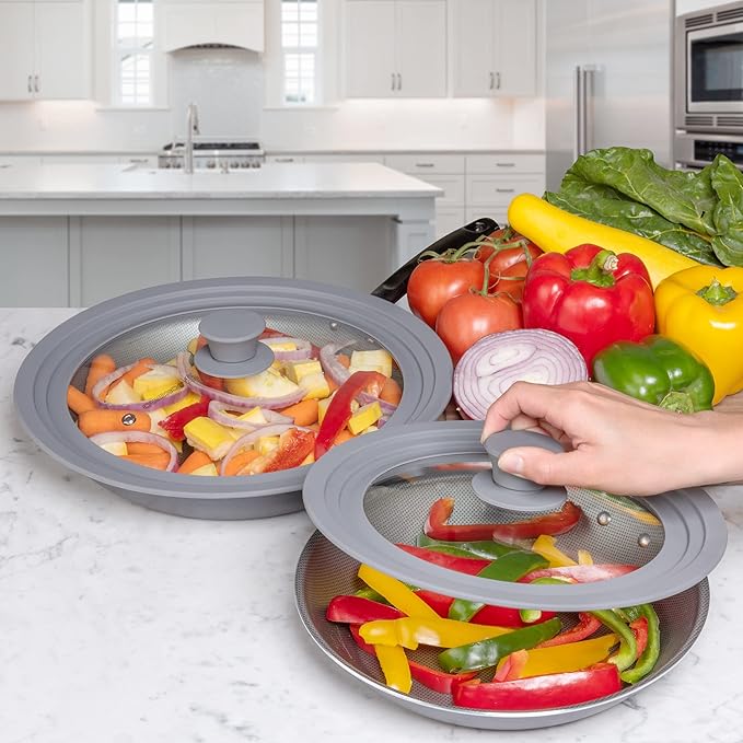 LSR Loreso Universal Pan Lid for Pots Pans and Skillets 7.5-9.5 Inch - Tempered Glass Pot Lid with Auto-Sizing Silicone Rim - Black