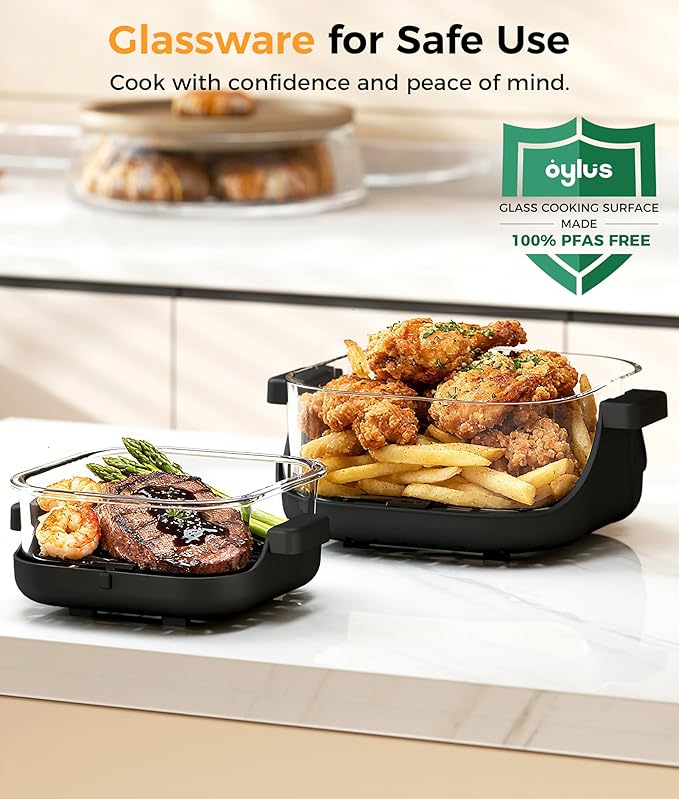 4-in-1 Portable Glass Air Fryer - 1500W, 4.2QT & 1.6QT Dual Glass Containers with Lids, Non-Toxic, 400°F Precise Heat, Max Crisp | Bake | Air Fry | Recrisp, Microwave, Freezer & Dishwasher Safe