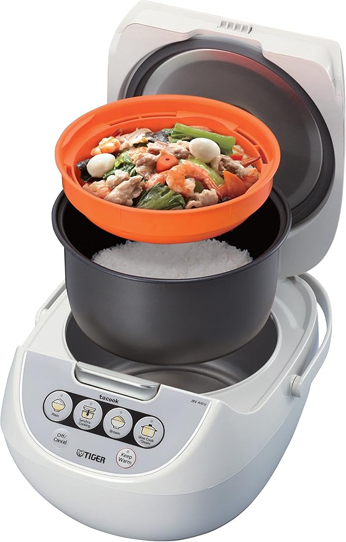TIGER JBV-A10U 5.5-Cup (Uncooked) Micom Rice Cooker and Warmer with Tacook Food Steamer Cooking Tray Technology, White