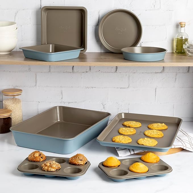 Goodful All-In-One Nonstick Bakeware Set, Stackable and Space Saving Design includes Round and Square Pans, Muffin Pans, Cookie Sheet and Roaster, Dishwasher Safe, 8-Piece, Blue Mist
