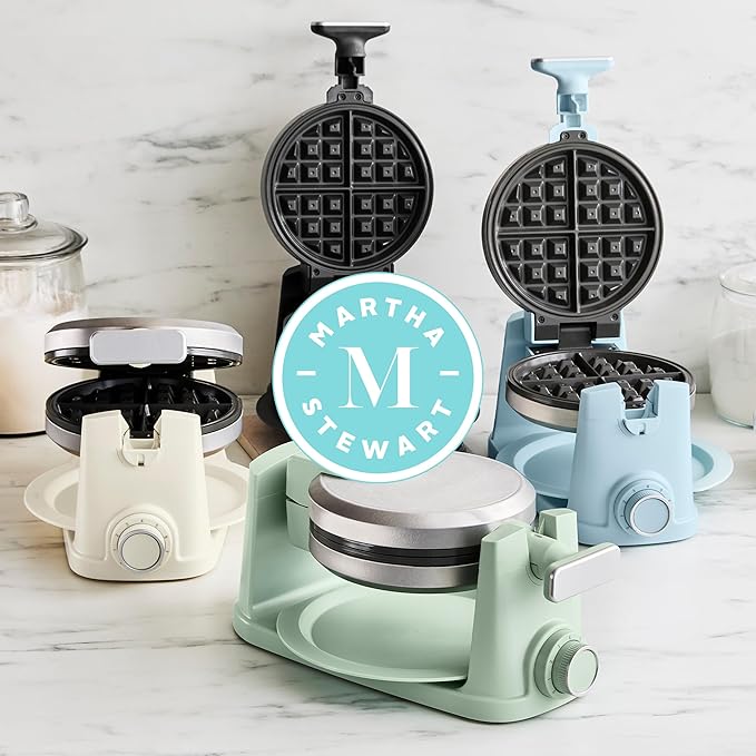Martha Stewart Rotating Waffle Maker, 180° Flip Iron with PFAS-Free Nonstick Plates, Adjustable Timer, Ready Light, Drip Tray, Space Saving, Classic Round 7”, Easy to Clean, Stainless Steel, Linen