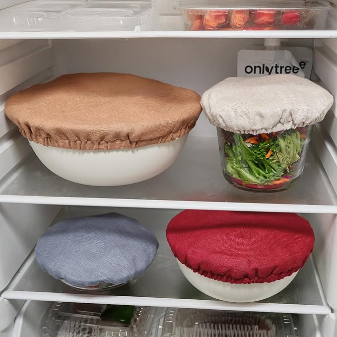 100% Pure Linen Bowl Covers For Bread Proofing, 4 Pcs Elastic Reusable Solid Color Cloth Fabric Bowl Covers,XL Organic Washable Large Stretch Sourdough Lids 6 * 8 * 10 * 12 Inches, Brown