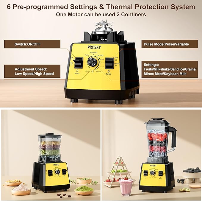 Blenders for Kitchen, Smoothie Blender, 2400W/1000W Prasky Blender & Grinder Combo, 25,000 RPM High Speed, 68oz BPA-Free Food Processor, Countertop Blender for Smoothies, Shakes & Food (Yellow, 2L)