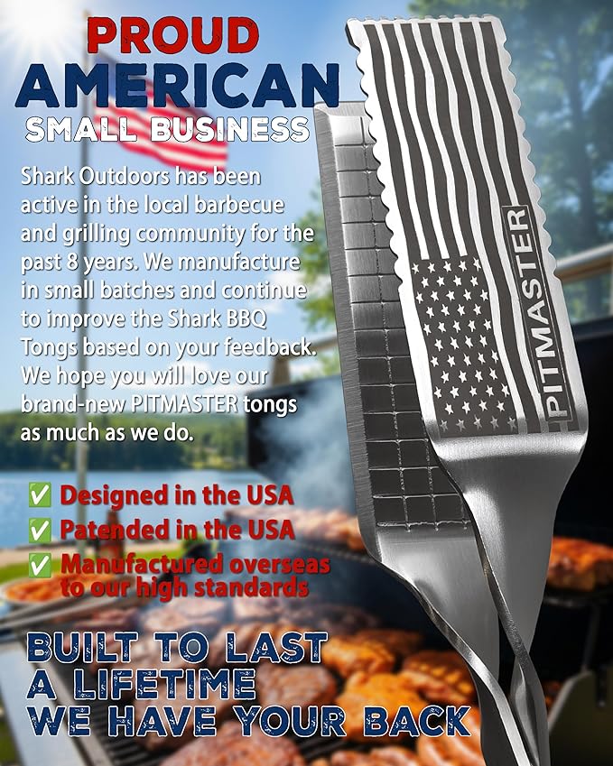 Shark BBQ Pitmaster Tongs, 17 Inch Professional Grade Barbecue Grilling Tongs, Premium Stainless Steel Heavy Duty Tong for Big Hands, Heat Resistant Non-Slip Grip, Dishwasher Safe (Black)