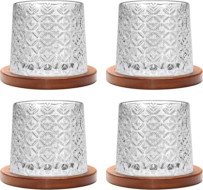 Rotatable Old Fashioned Glass, 275ml/10oz Crystal Whiskey Glass Set of 4, Wood Coaster, Thickening, Used as Rum Glass, Cocktail Cup, Coffee Cup, Milk Cup to Relax and Reduce Stress, Christmas gifts