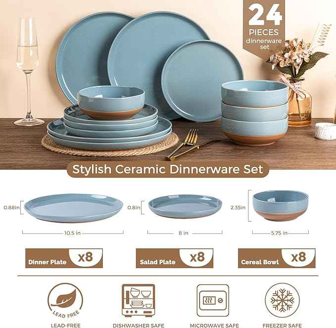 AmorArc Ceramic Dinnerware Sets for 8, 24 Pieces Handpainted Plates and Bowls Set with Rustic Terracotta Underside, Scratch Resistant Stoneware Dishes Set, Dishwasher & Microwave Safe, Stone Blue