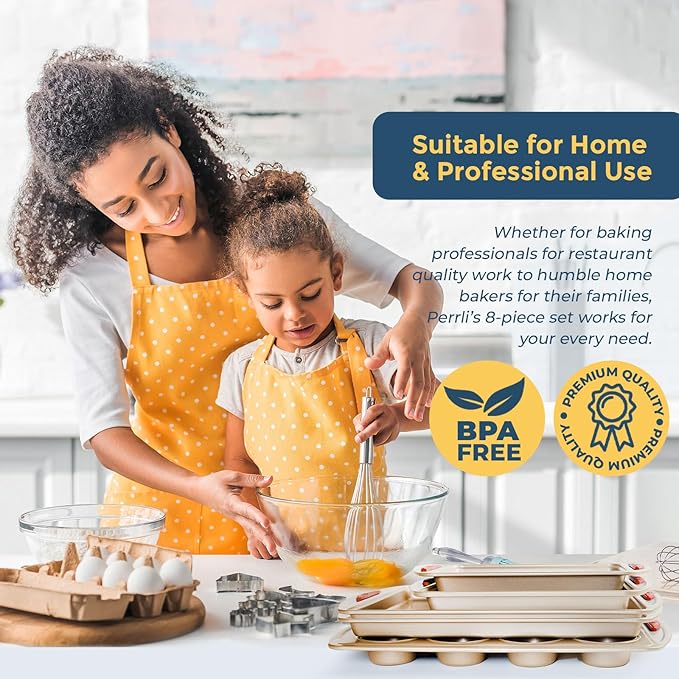 Perlli 10 Piece Baking Set - Nonstick Gold Steel Oven Bakeware With Silicone Handles, Cookie Sheets, Round Cake Pans, 9x13 Pan With Lid, Loaf Pan, Deep Pan, Pizza Crisper, Muffin Pan