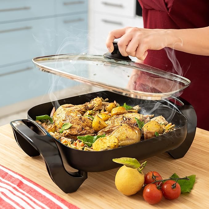 Moss & Stone Square Nonstick Electric Skillet With Lid, Aluminum 12x12 Inch Electric Frying Pan 5Qt, Nonstick Cooking Surface, Adjustable Temperature Control, Vented Glass Lid, Heat-Resistant Handle