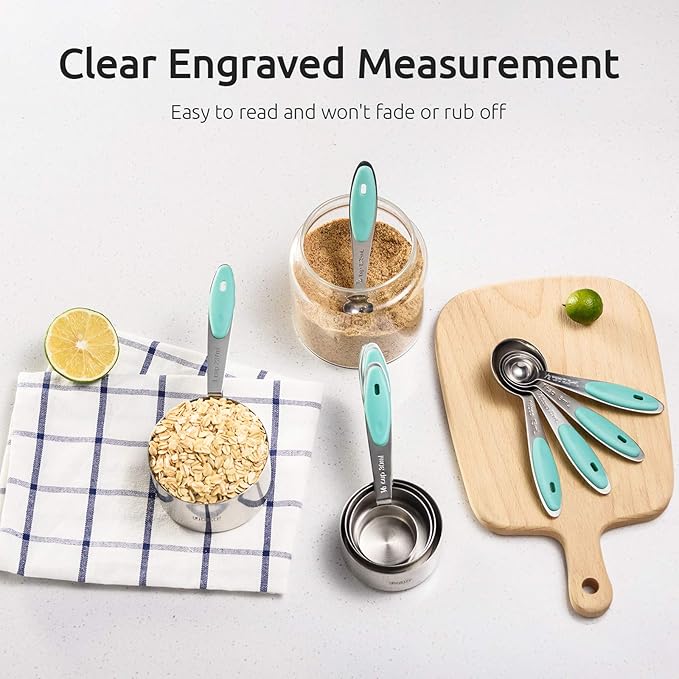 U-Taste 18/8 Stainless Steel Measuring Cups and Spoons Set and 18/0 Stainless Steel Offset Icing Spatula Set (Aqua Sky)