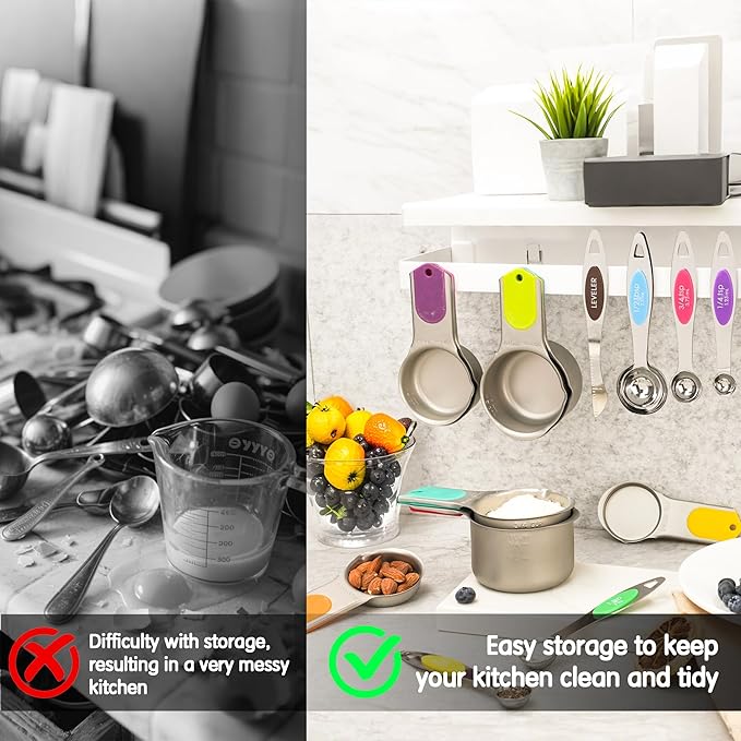 Magnetic Measuring Cups and Spoons Set, 5 Stainless Steel Measuring Cups, 7 Magnetic Measuring Spoons & 1 Leveler, 3 Plastic Measuring Cup with 1 Measuring Conversion Chart