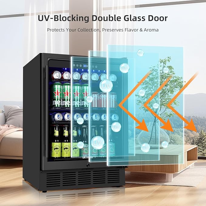 ORYMUSE Beverage Refrigerator 24 Inch, 180 Can Drink Fridge with Glass Door, Under Counter or Freestanding Beverage Cooler for Soda, Beer, Wine – Quiet Cooling for Kitchen, Bar, Office, Black
